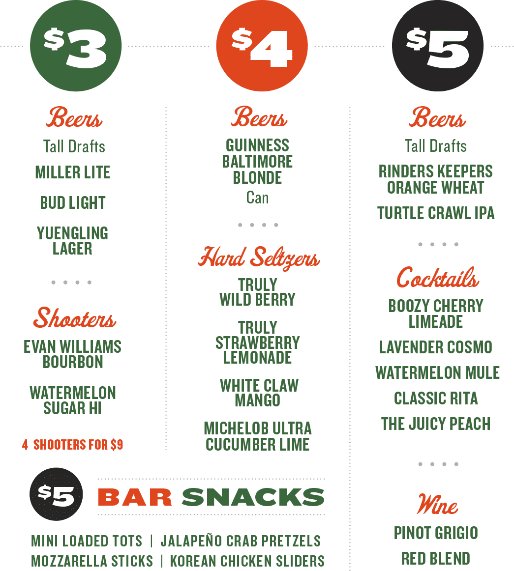 $3 Beers and Shooters, $4 Beers and Seltzers, $5 Beers, Wine & Cocktails, $5 Bar Snacks